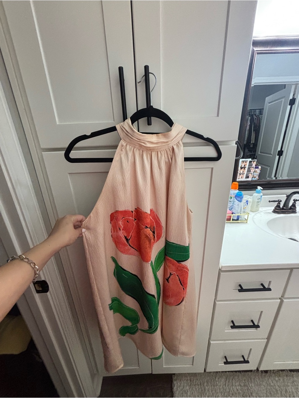 Adelyn Rae Pink Halter Dress with Red Floral Motif